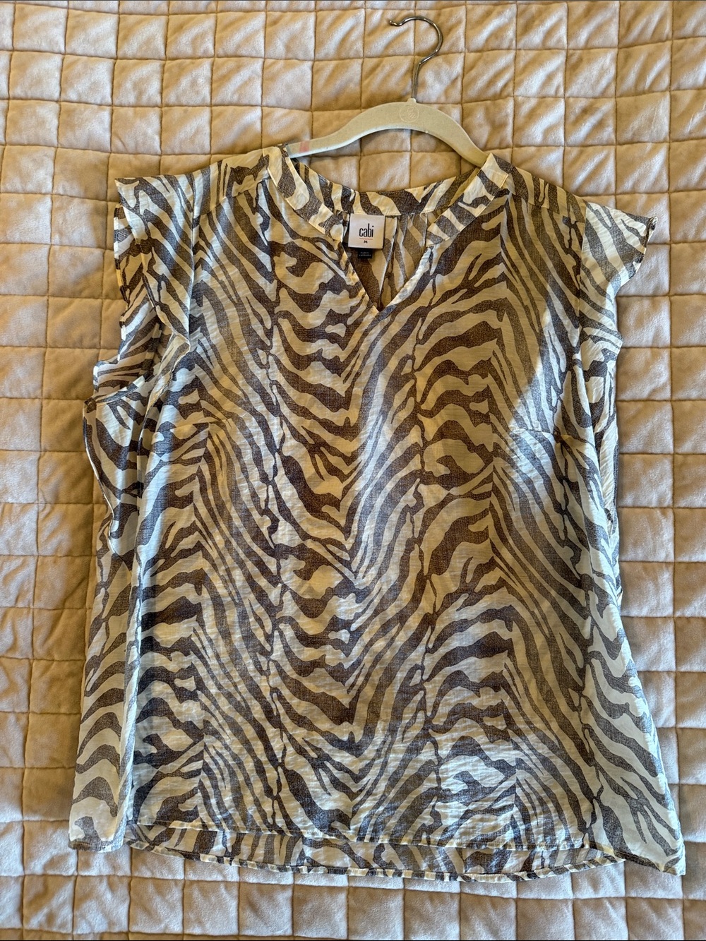 Cabi Sleeveless Zebra Print V-Neck Top in Beige and gray brown
